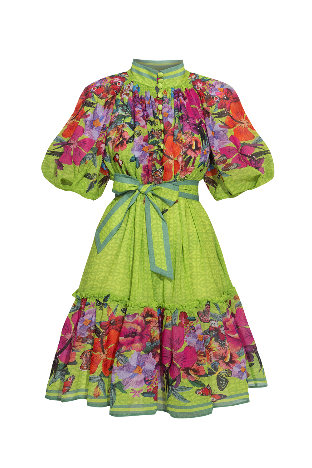 CHIFFON DRESS WITH PUFF SLEEVE - ACID GREEN LOGO