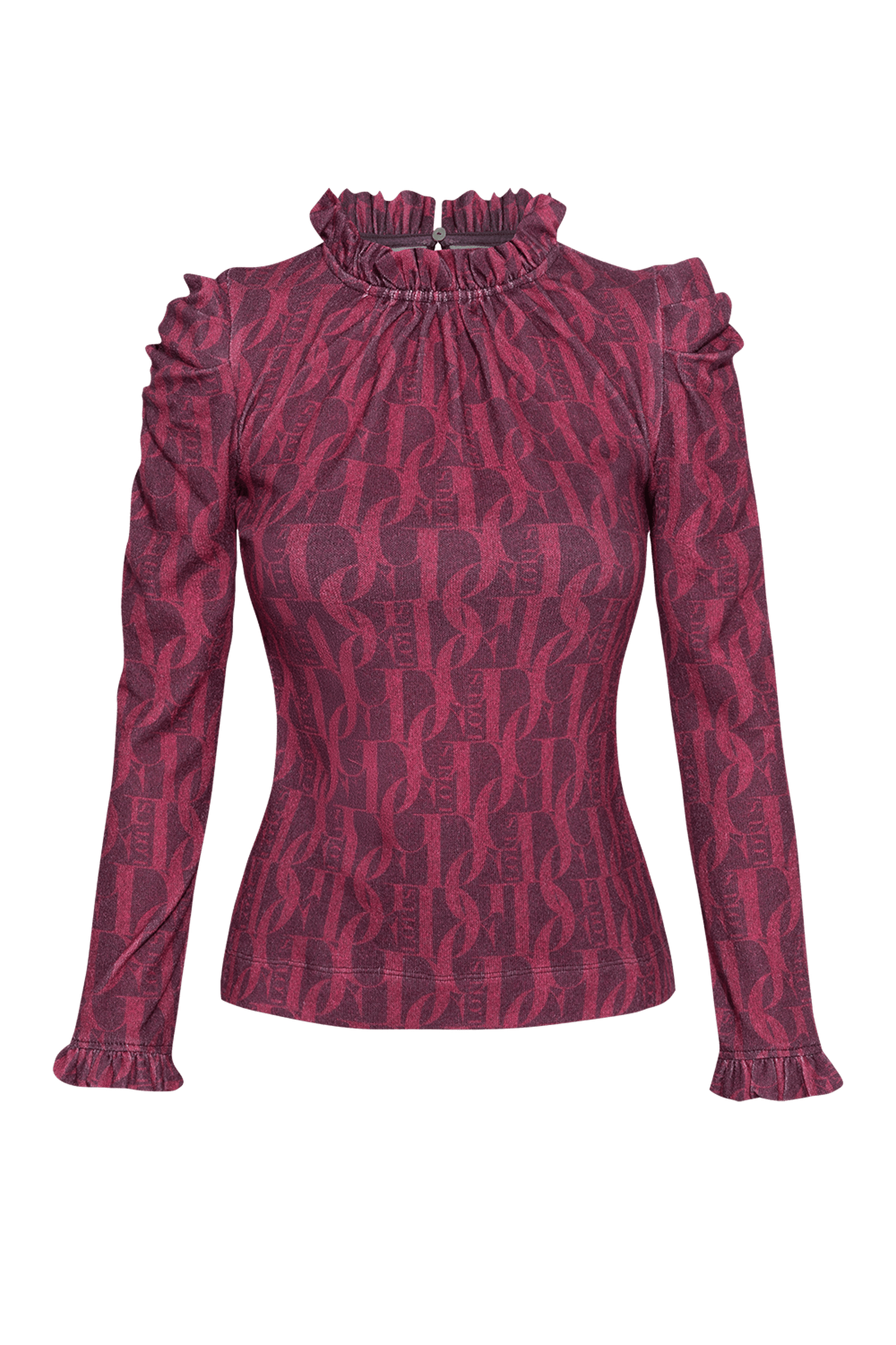 BLOUSE WITH GATHERED NECKLINE AND LOGO PRINT - BURGUNDY LOGO