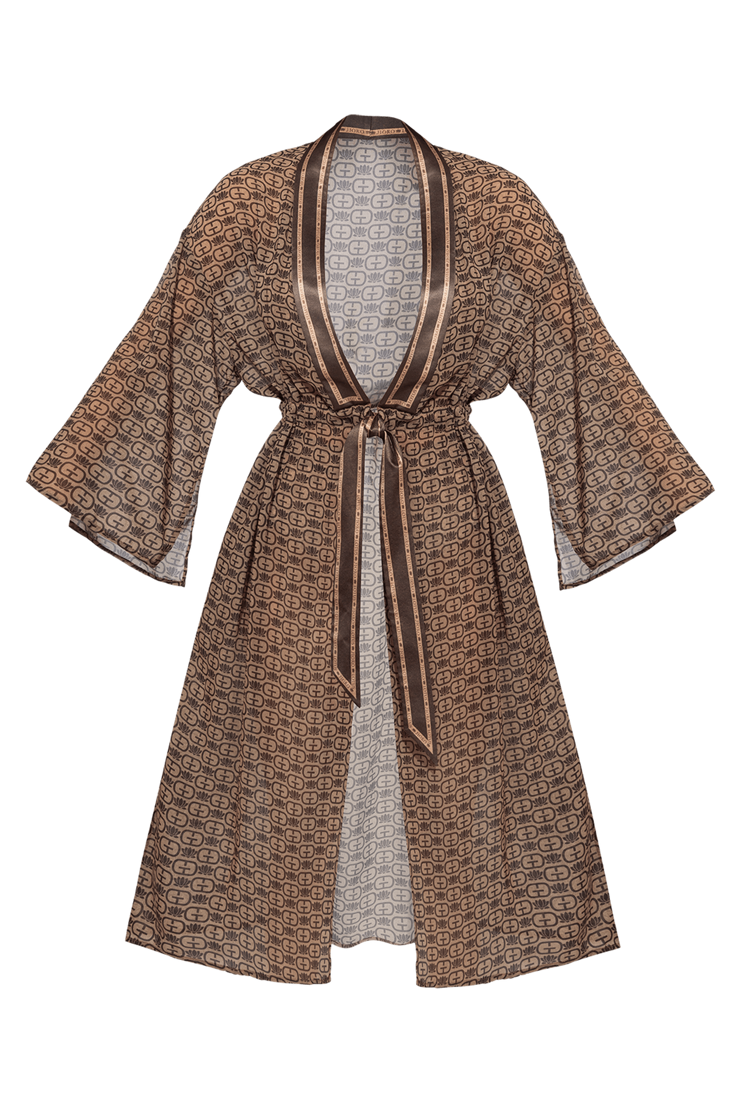 KIMONO WITH PLASTRON AND INTEGRATED BELT IN FRENCH CHIFFON - MOCHA MOUSSE LOGO JIORO КИМОНО С ПЛАСТРОН И ВГРАДЕН КОЛАН ОТ ФРЕНСКИ ШИФОН - MOCHA MOUSSE LOGO JIORO