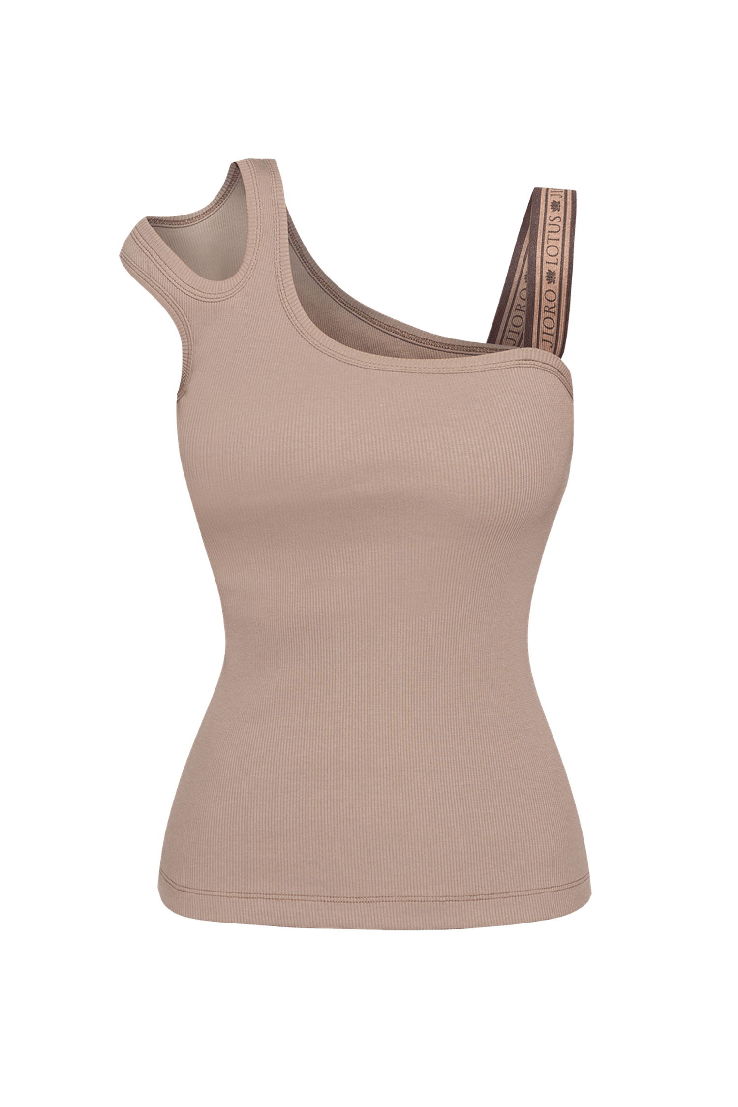 ASYMMETRICAL RIBBED TANK TOP IN BEIGE WITH ELASTIC STRAP MOCHA MOUSSE LOGO - ESSENTIALS JIORO АСИМЕТРИЧЕН РИПСЕН ТОП В БЕЖОВО С ЛАСТИЧНА ПРЕЗРАМКА MOCHA MOUSSE LOGO - ESSENTIALS JIORO