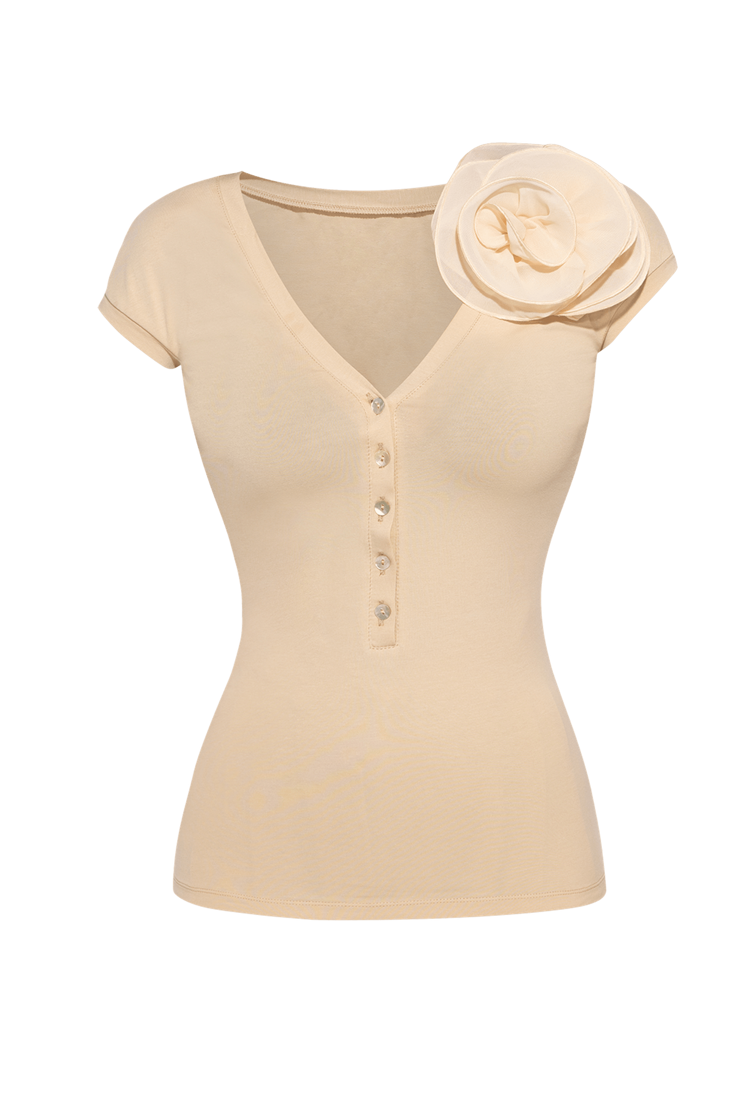 T-SHIRT À BOUTONS AVEC FLEUR D'ÉPAULE - ESSENTIELS