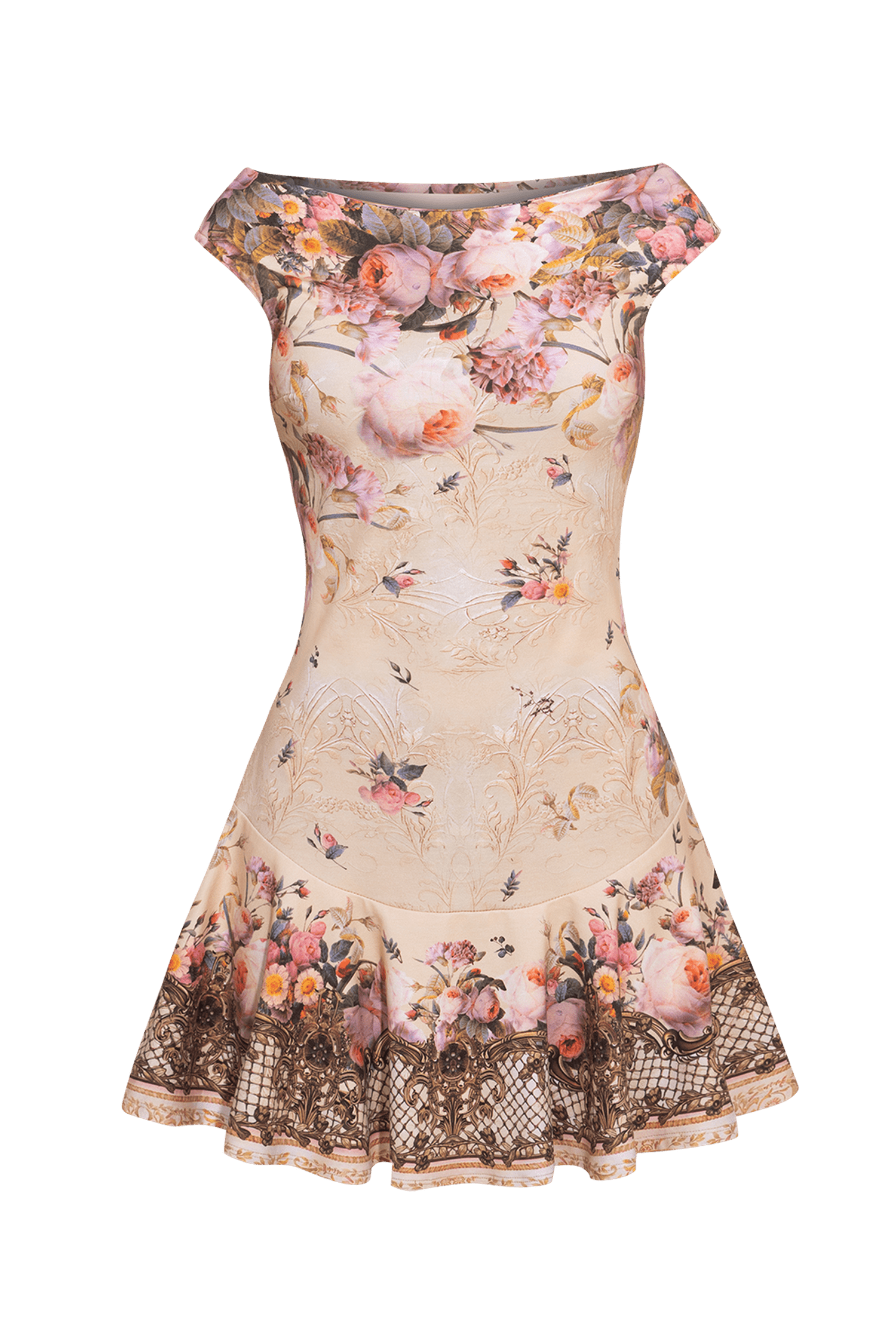 SLEEVELESS COTTON DRESS – BAROQUE FLOWERS JIORO КОКЕТНА РОКЛЯ БЕЗ РЪКАВ ОТ ФРЕНЧ ТЕРИ - BAROQUE FLOWERS JIORO