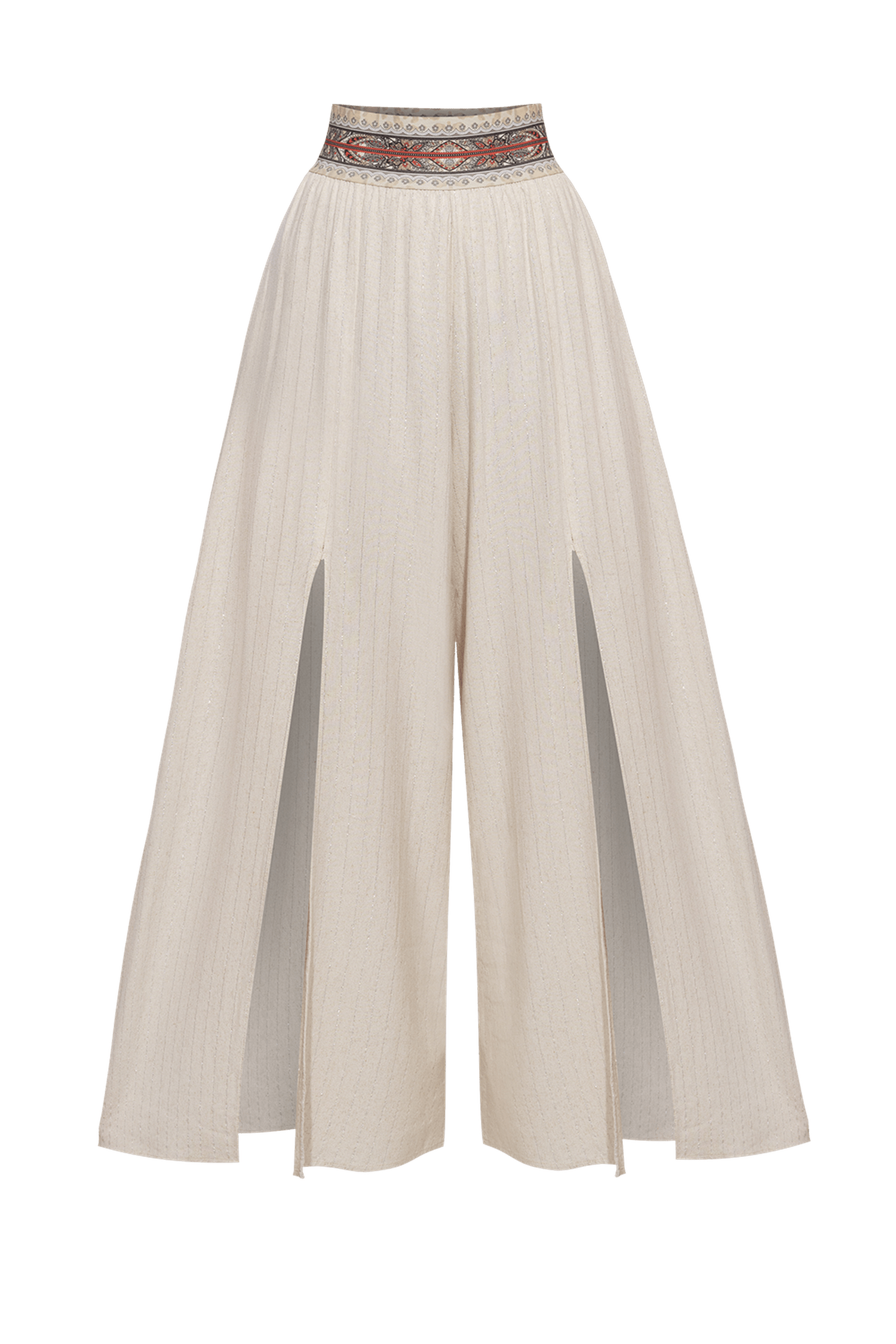 PANTALON HAUT DE TAILLE EN VISCOSE-LIN ET LIN AVEC FENTES EN RAYURES ÉCRU - ESSENTIELS