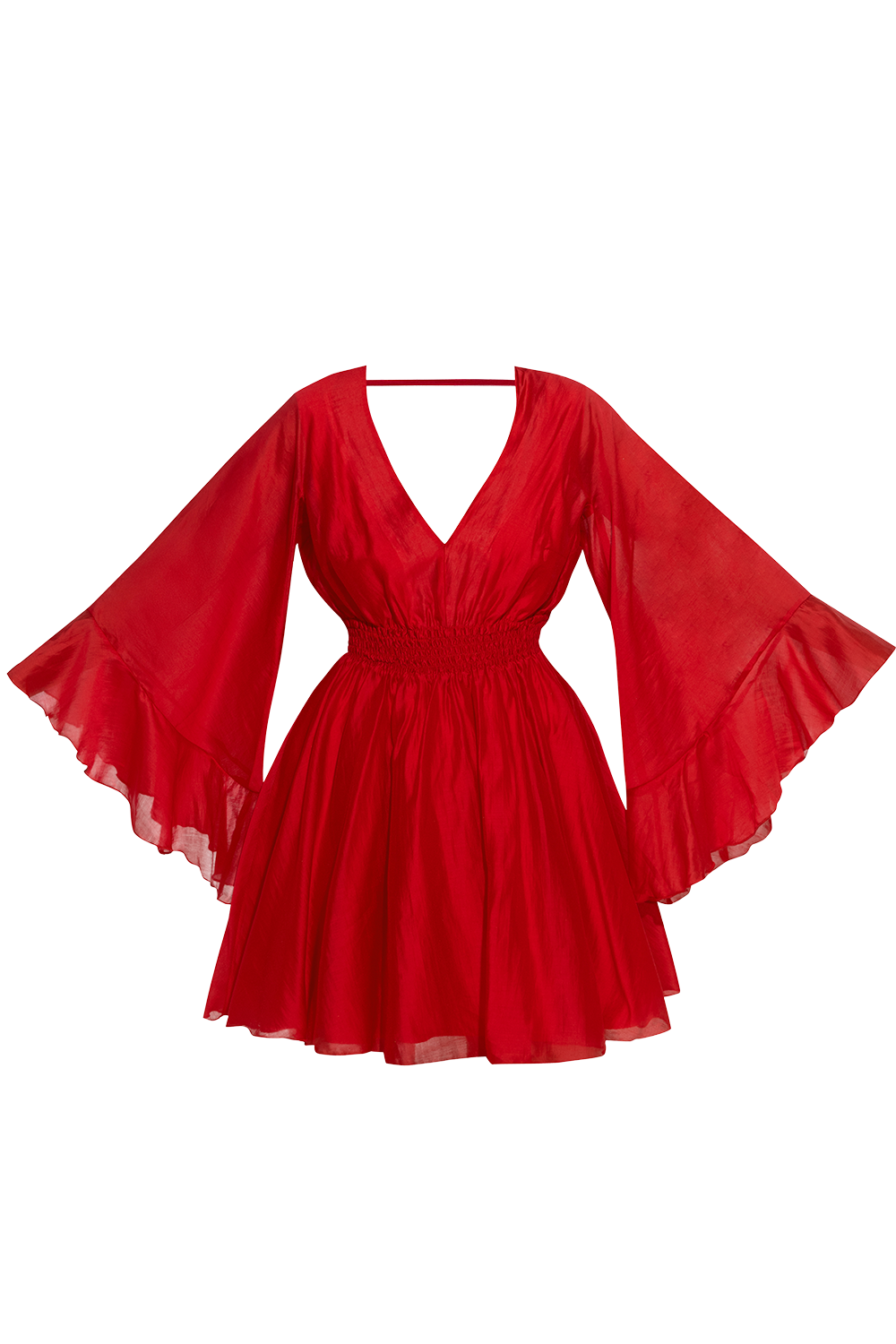 SHORT TENCEL DRESS WITH WIDE SLEEVES IN RED - ESSENTIALS JIORO КЪСА БОХО РОКЛЯ ОТ ТЕНСЕЛ С ГОЛ ГРЪБ В ЧЕРВЕНО - ESSENTIALS JIORO