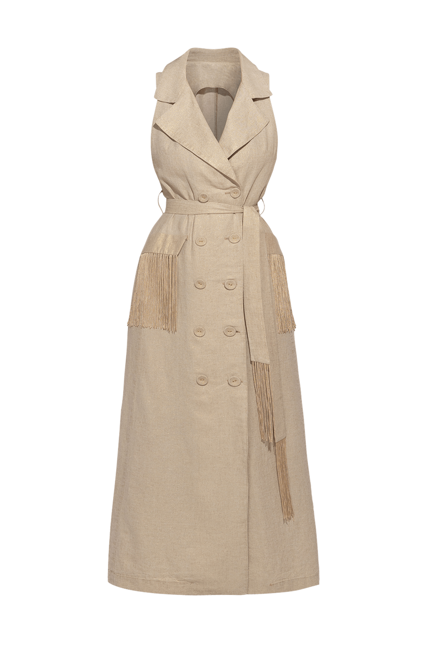 Robe midi trench sans manches en lin avec franges - Essentiels