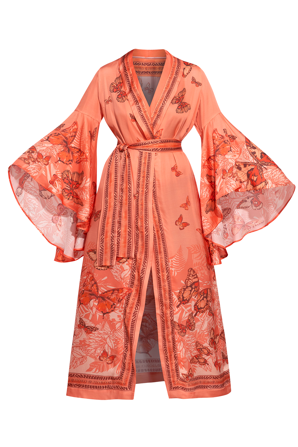 VISCOSE KIMONO WITH DRAPED BACK AND SHAWL COLLAR - PAPAYA BUTTERFLIES