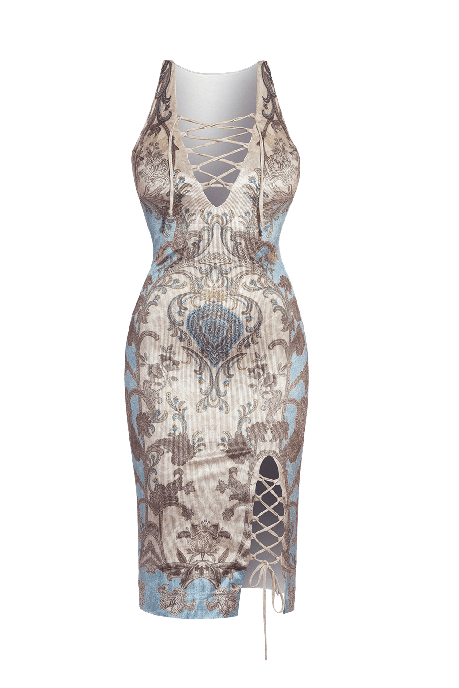 FITTED RIBBED VELVET DRESS WITH V-NECKLINE - PAISLEY SKY