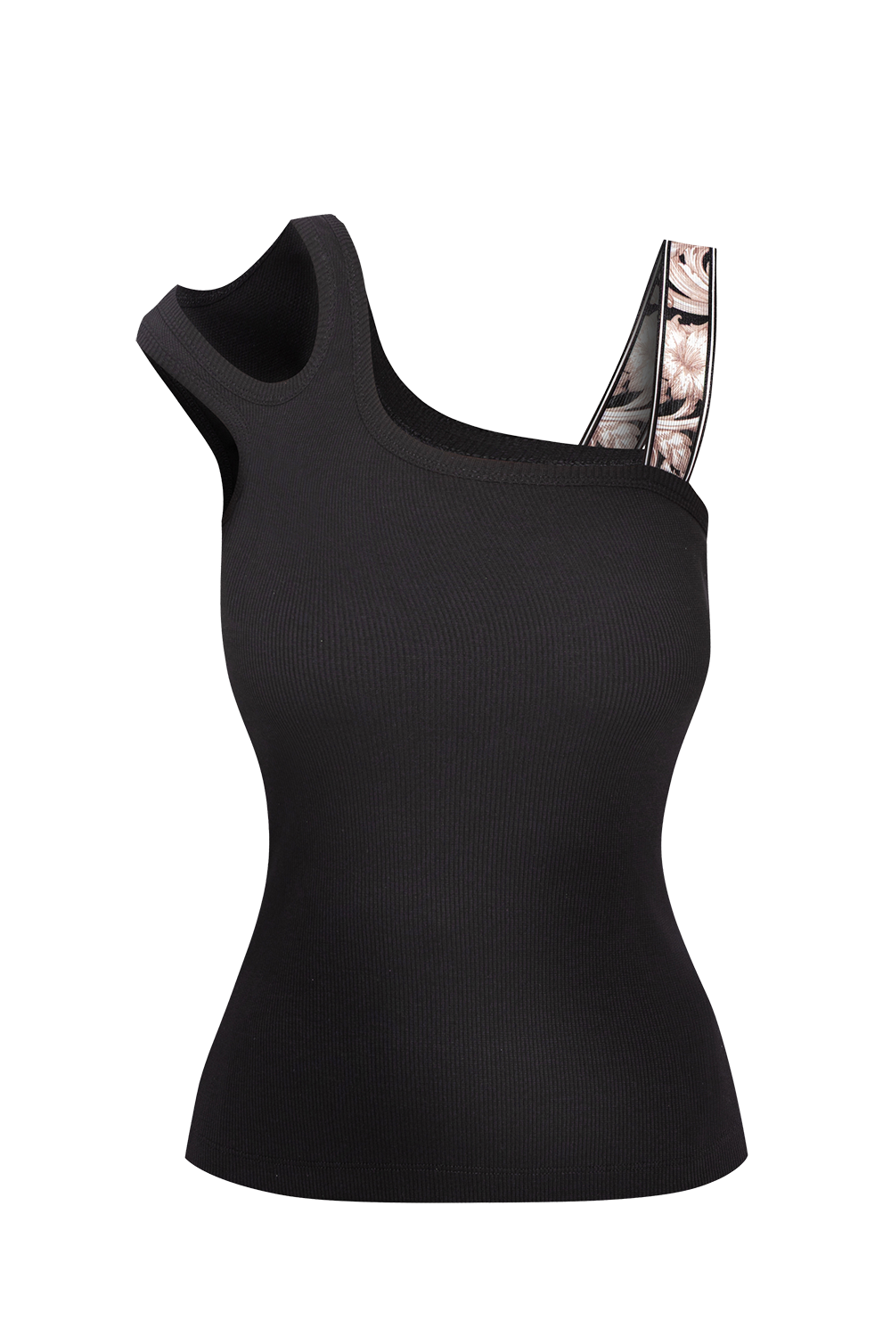 ASYMMETRICAL RIBBED TANK TOP IN BLACK WITH ELASTIC STRAP BAROQUE PEARL - ESSENTIALS