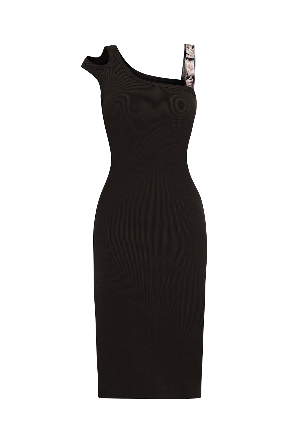 BLACK COTTON MIDI DRESS WITH ASYMMETRICAL SHOULDERS AND STRAP BAROQUE PEARL - ESSENTIALS