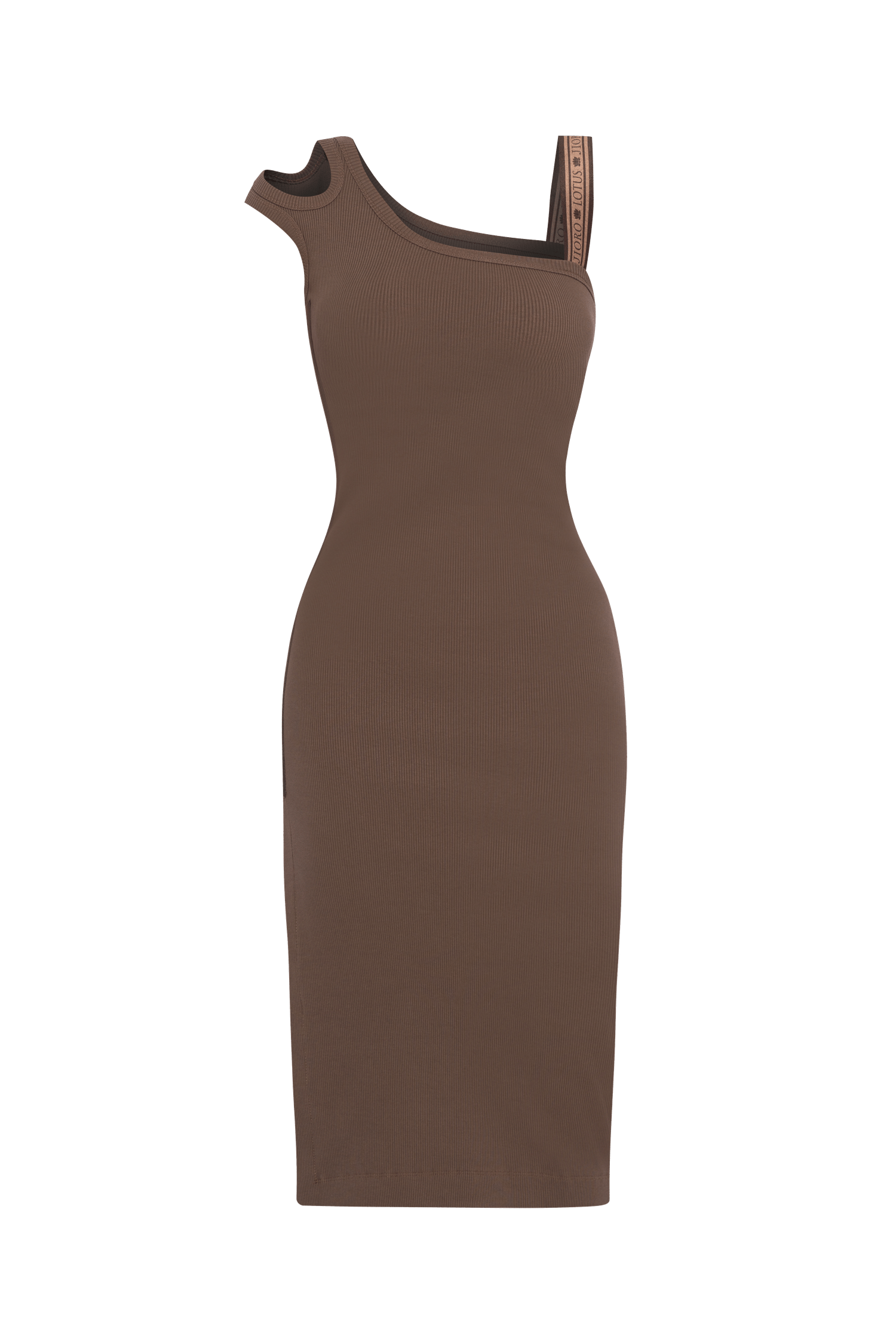 COTTON MIDI DRESS WITH ASYMMETRICAL SHOULDERS AND STRAP MOCHA MOUSSE LOGO - ESSENTIALS JIORO
