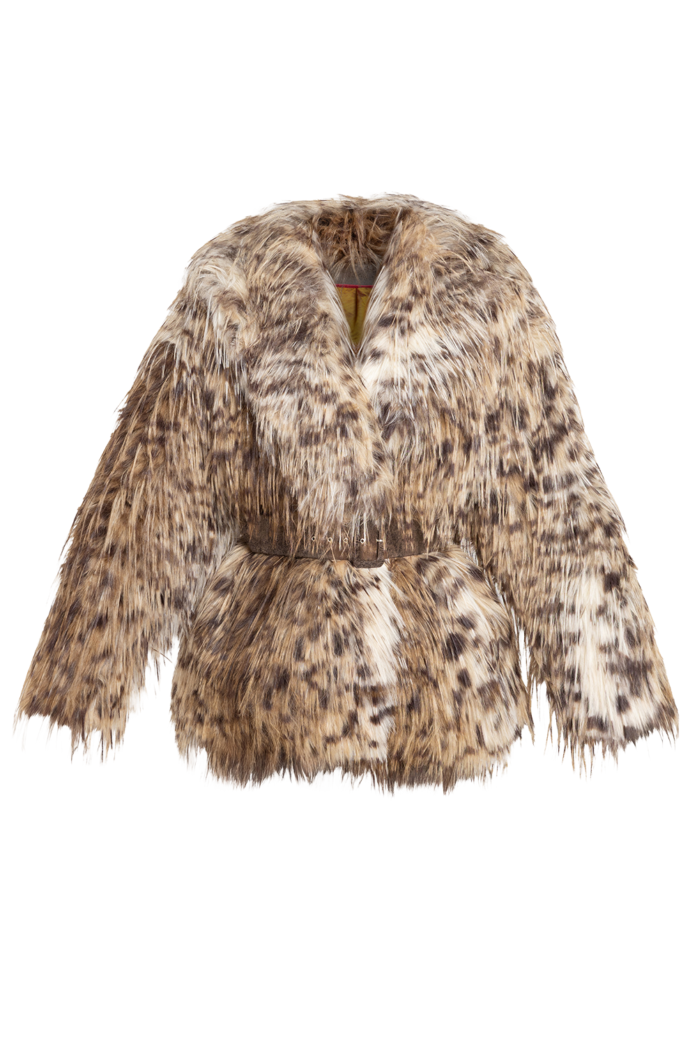 OVERSIZED FAUX FUR COAT WITH LARGE SHAWL COLLAR IN SERVAL PRINT AND BELT - ESSENTIALS