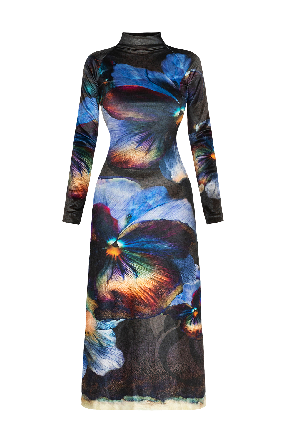 VELVET MAXI DRESS WITH REGLAN LONG SLEEVES, HIGH NECK AND SIDE SLIT - VIOLET