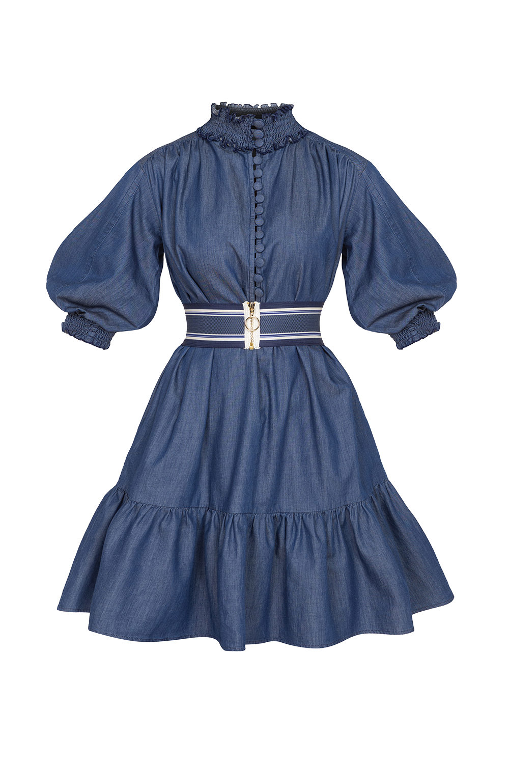 DENIM DRESS WITH ELASTICATED NECKLINE AND BELT - ESSENTIALS JIORO ДЪНКОВА РОКЛЯ С ЛАСТИЧНА ЯКА И КОЛАН - ESSENTIALS JIORO