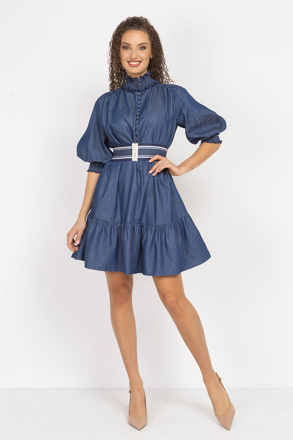 DENIM DRESS WITH ELASTICATED NECKLINE AND BELT - ESSENTIALS JIORO ДЪНКОВА РОКЛЯ С ЛАСТИЧНА ЯКА И КОЛАН - ESSENTIALS JIORO