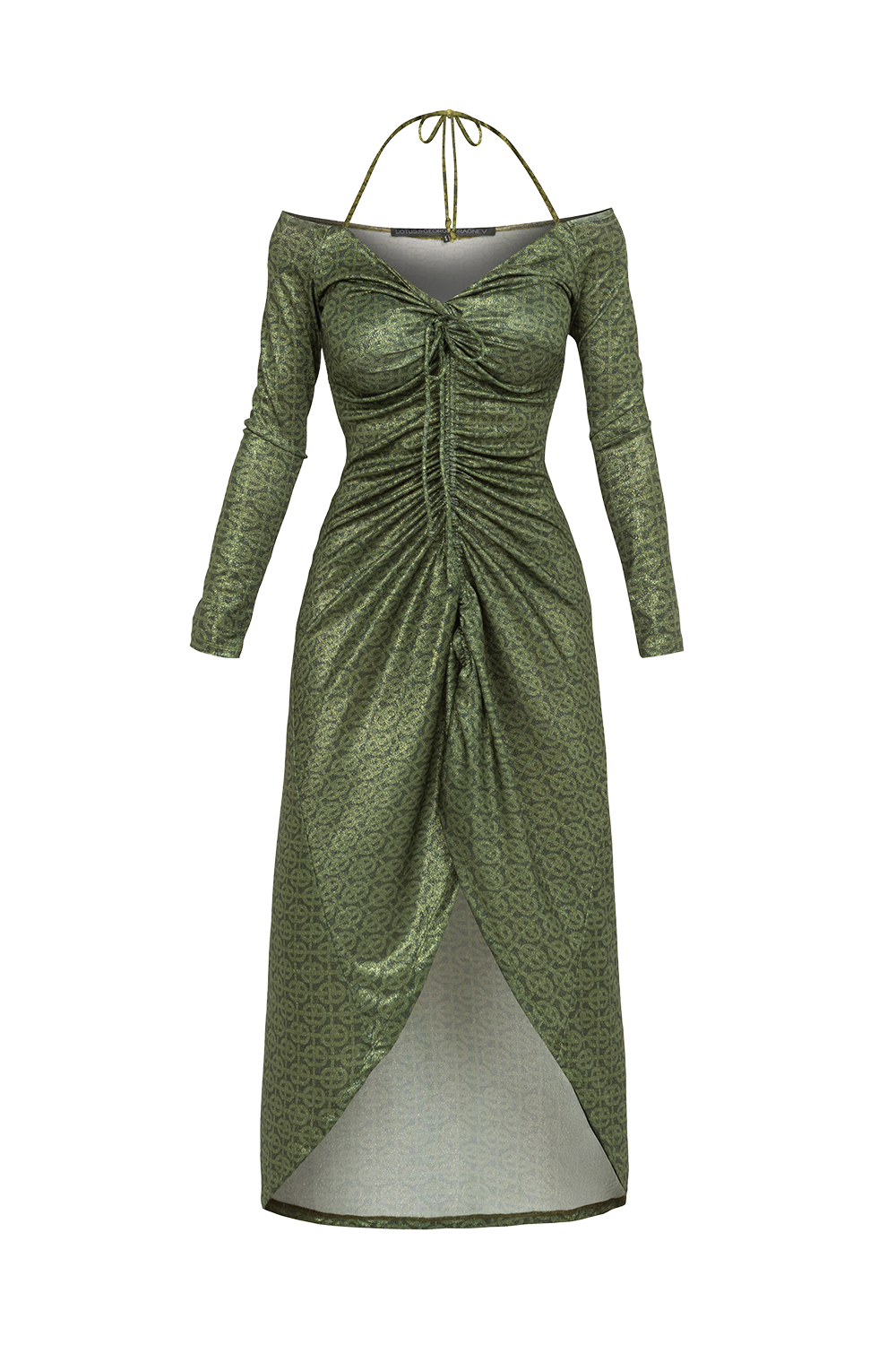 ASYMMETRIC LUREX DRESS WITH KNOT DETAIL AND FRONT DRAWSTRING - EMERALD GREEN LOGO