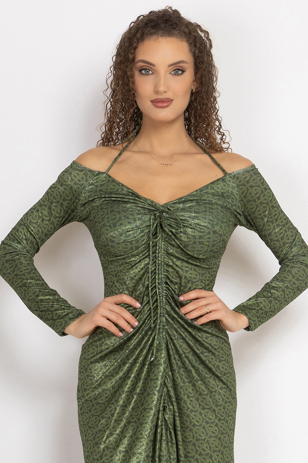 ASYMMETRIC LUREX DRESS WITH KNOT DETAIL AND FRONT DRAWSTRING - EMERALD GREEN LOGO