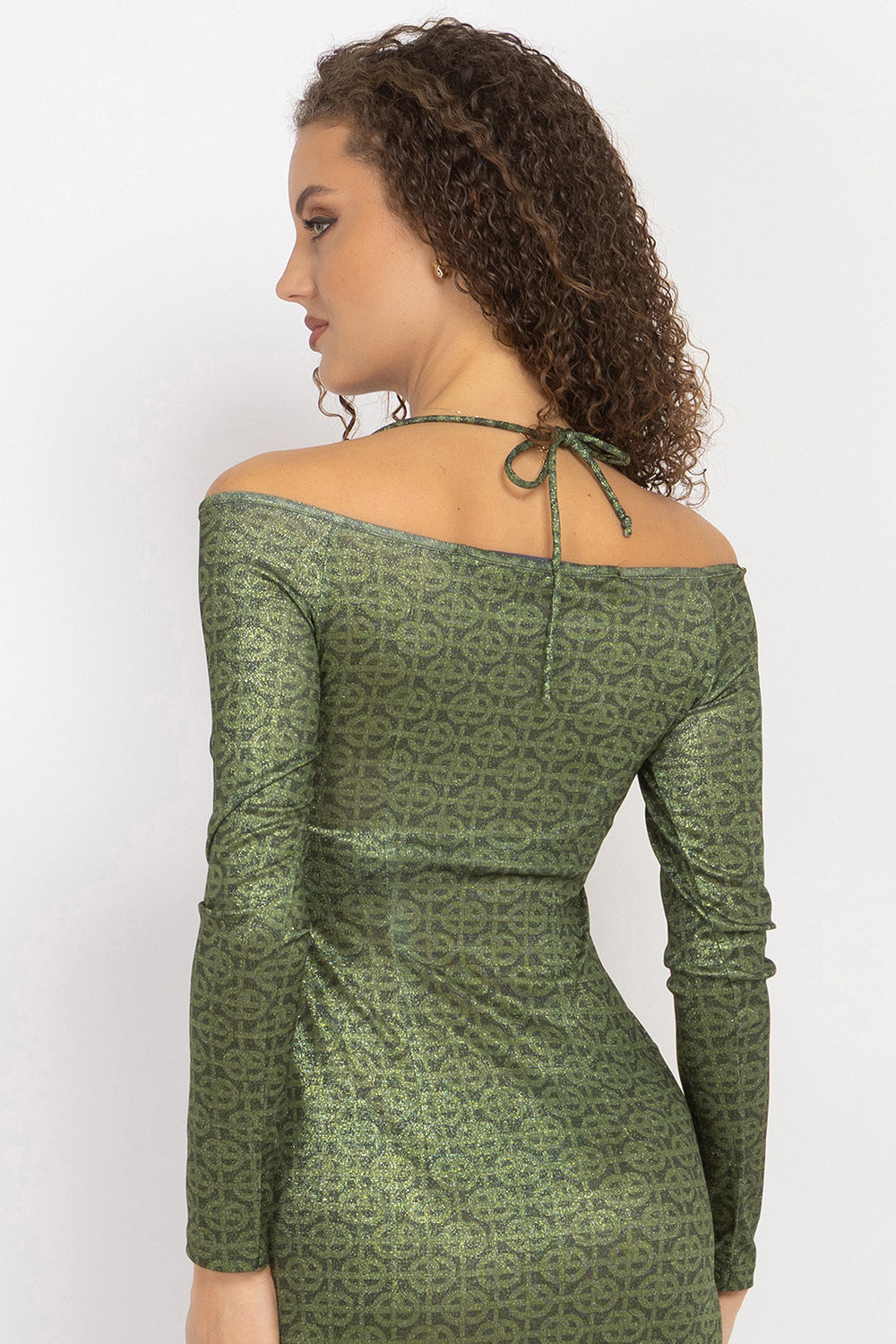 ASYMMETRIC LUREX DRESS WITH KNOT DETAIL AND FRONT DRAWSTRING - EMERALD GREEN LOGO