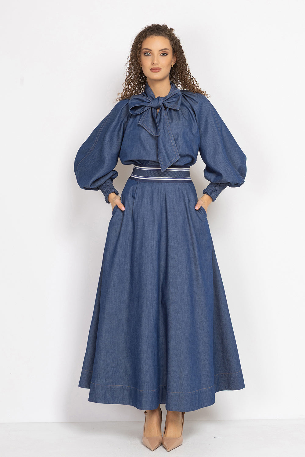 DENIM SHIRT WITH FRONT BOW AND RAGLAN SLEEVES - ESSENTIALS JIORO РИЗА ОТ ДЕНИМ С ПАНДЕЛКА И РЕГЛАН РЪКАВИ - ESSENTIALS JIORO