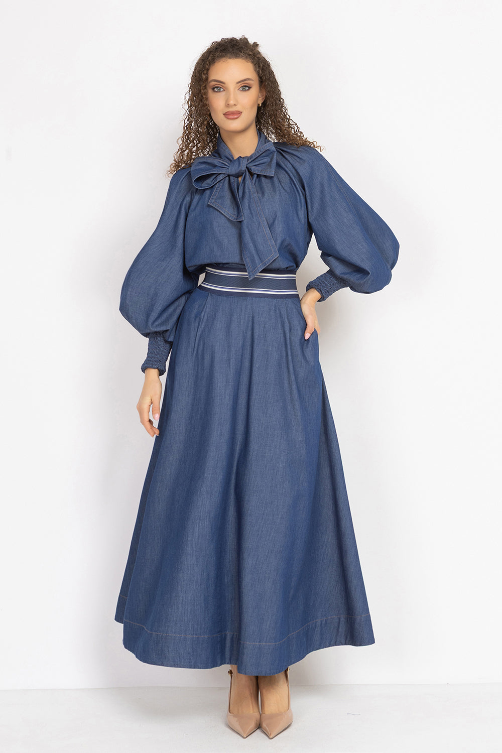 DENIM SHIRT WITH FRONT BOW AND RAGLAN SLEEVES - ESSENTIALS JIORO РИЗА ОТ ДЕНИМ С ПАНДЕЛКА И РЕГЛАН РЪКАВИ - ESSENTIALS JIORO
