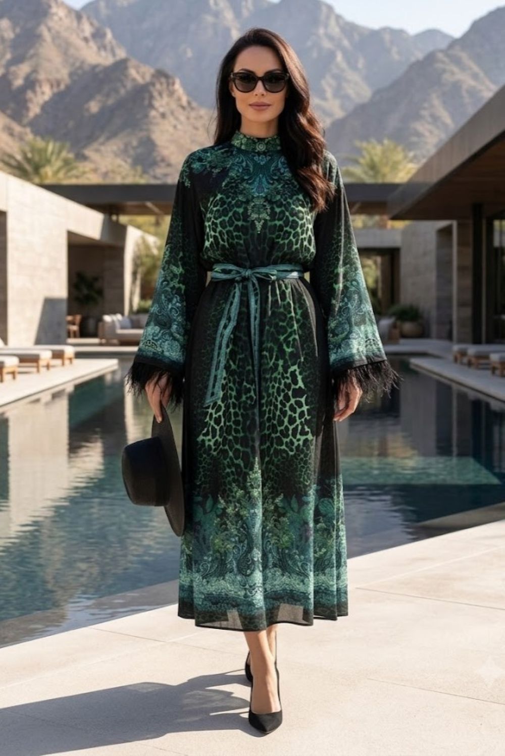 Caftan en satin de viscose avec plumes - Leo vert néon