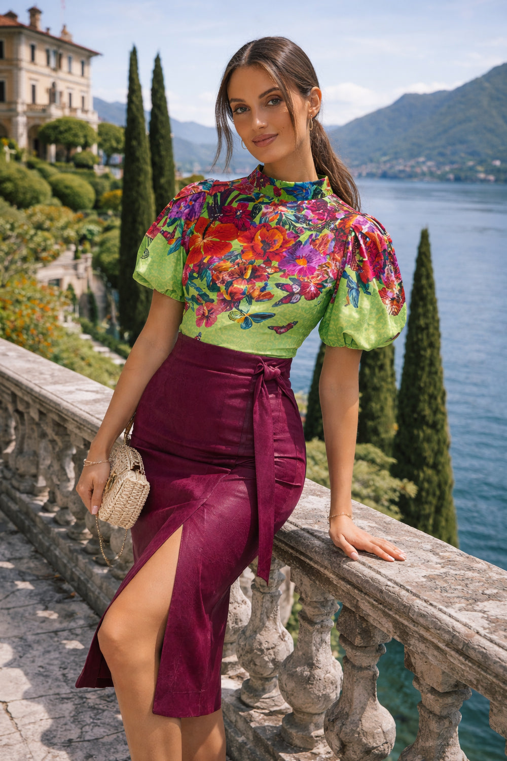 VELVET BLOUSE WITH HIGH NECK AND PUFF SLEEVES - ACID GREEN LOGO JIORO БЛУЗА ОТ ПЛЮШ С ВИСОКА ЯКА И БУФАН РЪКАВИ - ACID GREEN LOGO JIORO