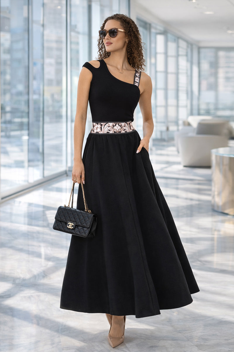 ASYMMETRICAL RIBBED TANK TOP IN BLACK WITH ELASTIC STRAP BAROQUE PEARL - ESSENTIALS