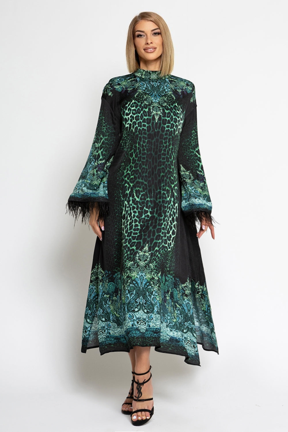 VISCOSE CAFTAN WITH FEATHERS - LEO NEON GREEN