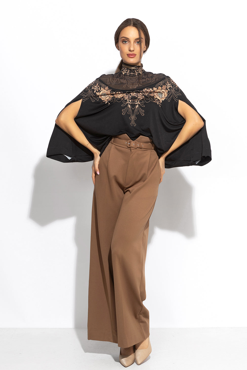 VISCOSE BLEND HIGH-WAISTED BEIGE TROUSERS - ESSENTIALS