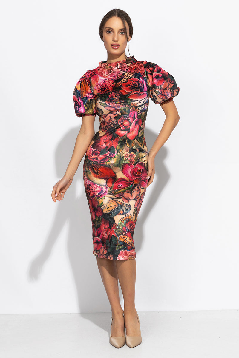 FITTED DRESS MADE OF SMOOTH VELVET - TATTOO STAR JIOROВТАЛЕНА РОКЛЯ ОТ КАДИФЕ С ВИСОКА ЯКА - TATTOO STAR JIORO