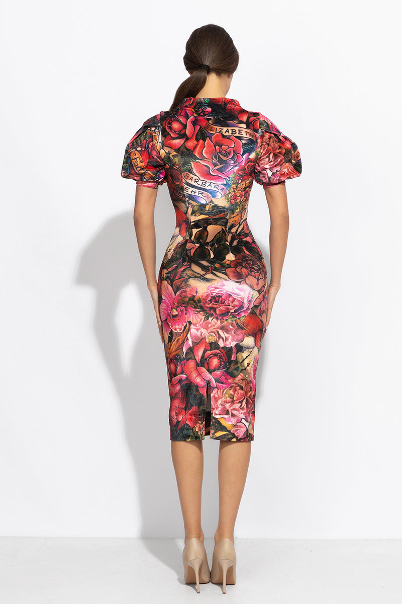 FITTED DRESS MADE OF SMOOTH VELVET - TATTOO STAR JIOROВТАЛЕНА РОКЛЯ ОТ КАДИФЕ С ВИСОКА ЯКА - TATTOO STAR JIORO