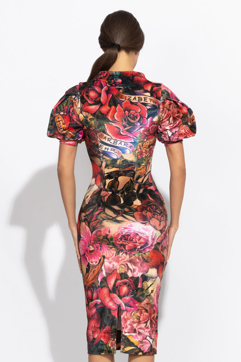 FITTED DRESS MADE OF SMOOTH VELVET - TATTOO STAR JIOROВТАЛЕНА РОКЛЯ ОТ КАДИФЕ С ВИСОКА ЯКА - TATTOO STAR JIORO