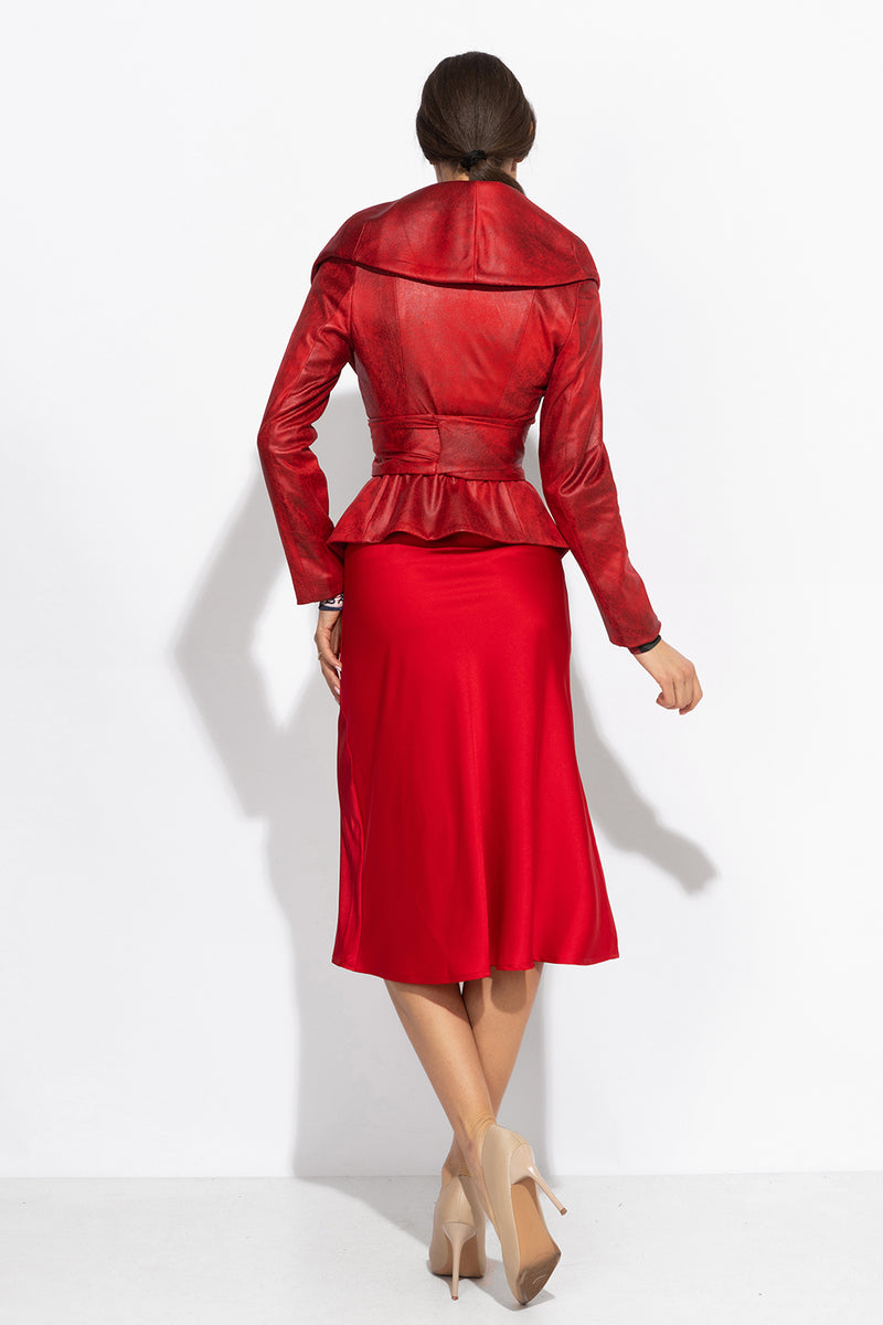 SUEDE-LOOK BLAZER WITH ASYMMETRICAL CLOSURE IN RED - ESSENTIALS JIORO БЛЕЙЗЕР С ШАЛ ЯКА ОТ ВЕЛУР В ЧЕРВЕНО - ESSENTIALS JIORO