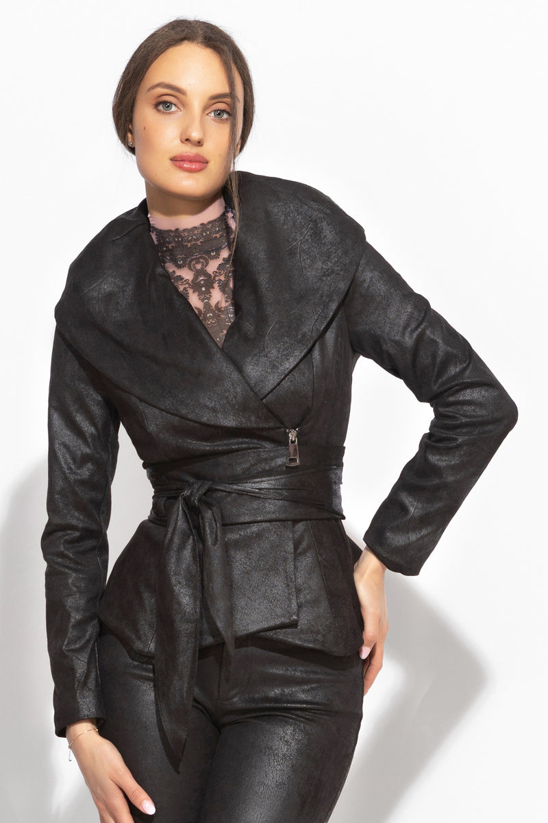 SUEDE-LOOK BLAZER WITH ASYMMETRICAL CLOSURE  IN BLACK - ESSENTIALS JIORO БЛЕЙЗЕР С ШАЛ ЯКА ОТ ВЕЛУР В ЧЕРНО - ESSENTIALS JIORO