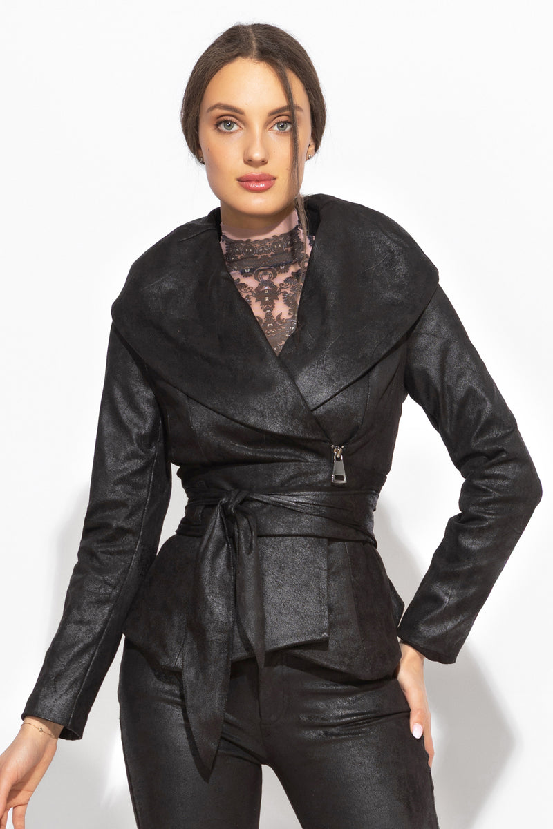 SUEDE-LOOK BLAZER WITH ASYMMETRICAL CLOSURE  IN BLACK - ESSENTIALS JIORO БЛЕЙЗЕР С ШАЛ ЯКА ОТ ВЕЛУР В ЧЕРНО - ESSENTIALS JIORO