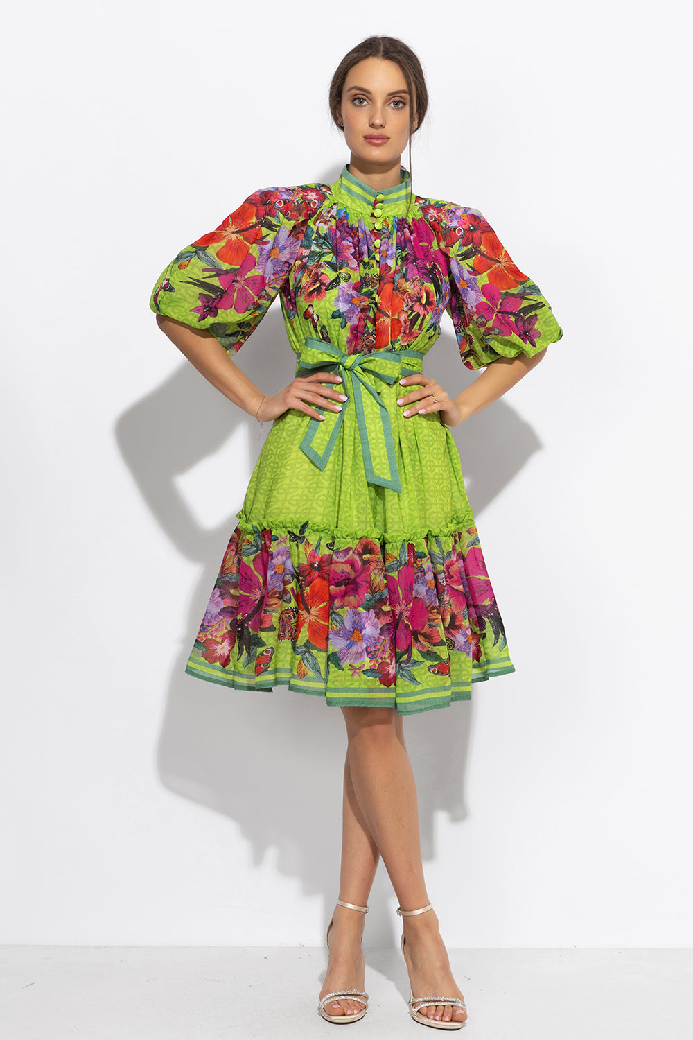 CHIFFON DRESS WITH PUFF SLEEVE - ACID GREEN LOGO