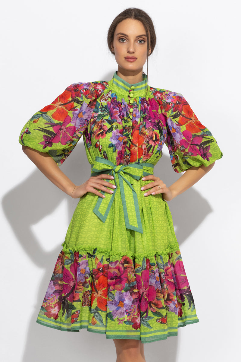 CHIFFON DRESS WITH PUFF SLEEVE - ACID GREEN LOGO JIORO ШИФОНЕНА РОКЛЯ С ОБЕМЕН РЪКАВ - ACID GREEN LOGO JIORO