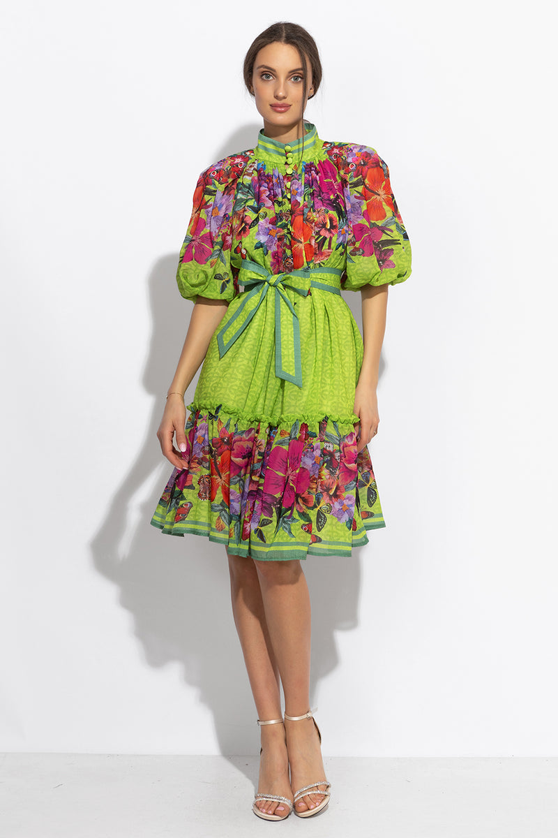 CHIFFON DRESS WITH PUFF SLEEVE - ACID GREEN LOGO JIORO ШИФОНЕНА РОКЛЯ С ОБЕМЕН РЪКАВ - ACID GREEN LOGO JIORO