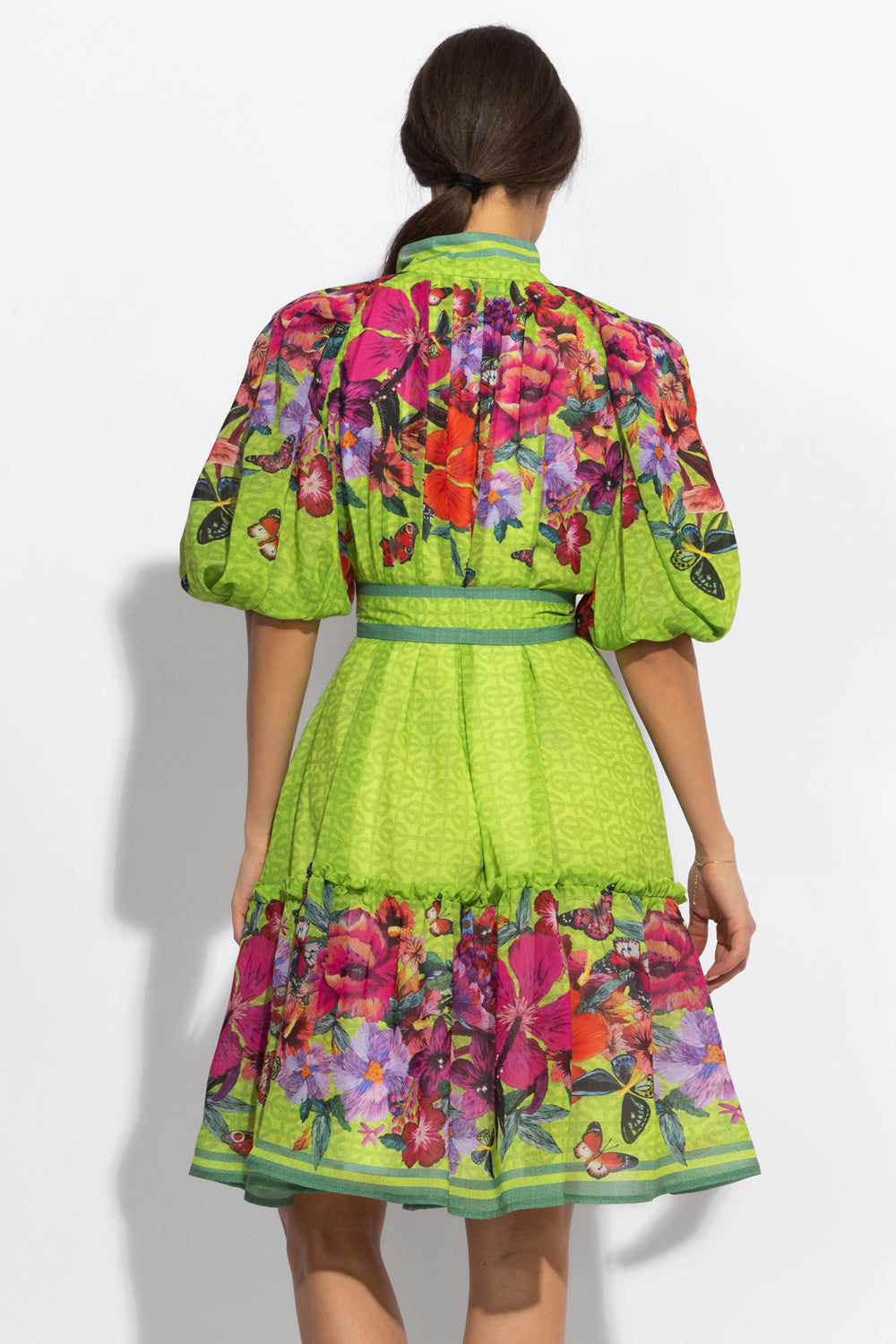 CHIFFON DRESS WITH PUFF SLEEVE - ACID GREEN LOGO