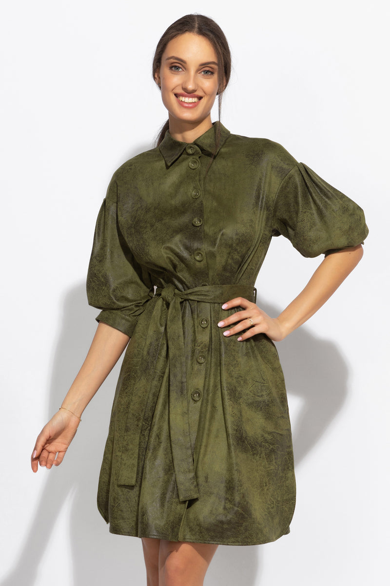 SUEDE-LOOK SHIRT DRESS IN OLIVE GREEN - ESSENTIALS