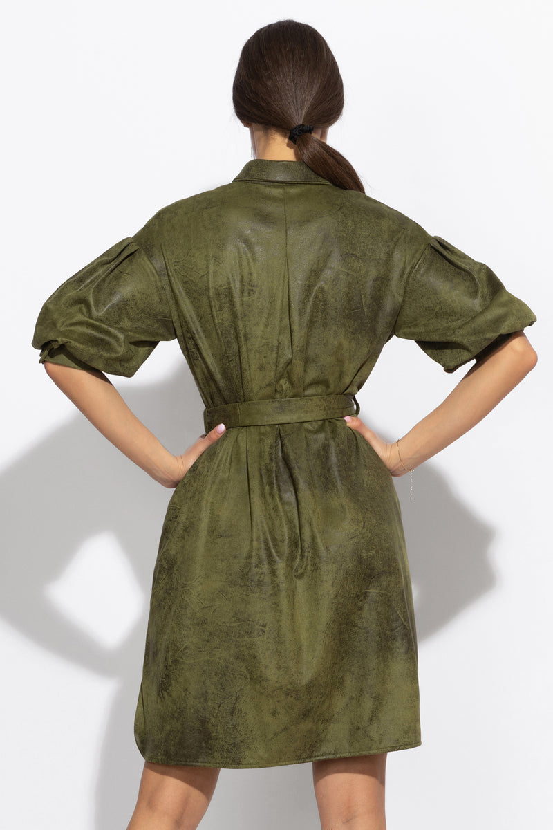 SUEDE-LOOK SHIRT DRESS IN OLIVE GREEN - ESSENTIALS