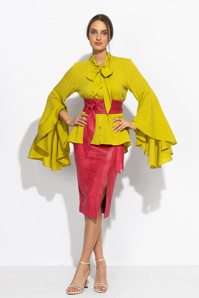 YELLOW ORCHE VISCOSE BLOUSE WITH FLARED SLEEVES - ESSENTIALS JIORO РИЗА ОТ ЗЕЛЕНА ВИСКОЗА С КЛОШ РЪКАВИ - ESSENTIALS JIORO