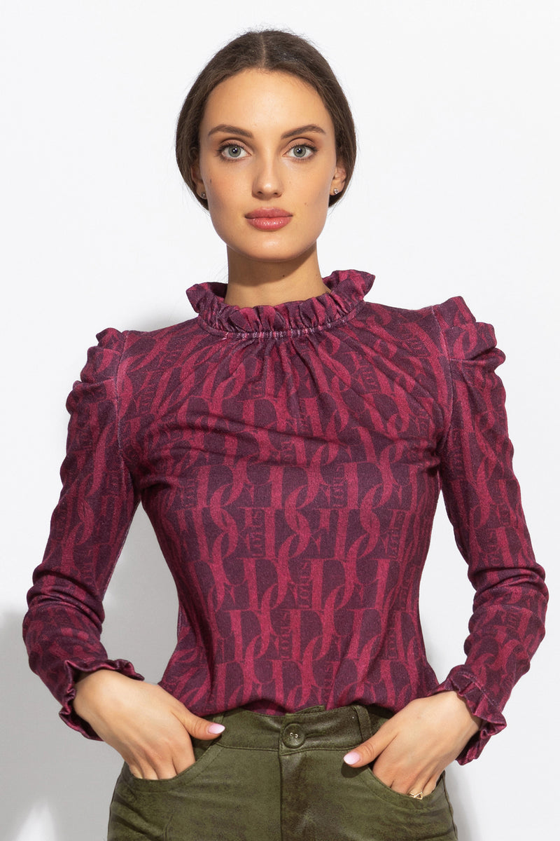 BLOUSE WITH GATHERED NECKLINE AND LOGO PRINT - BURGUNDY LOGO