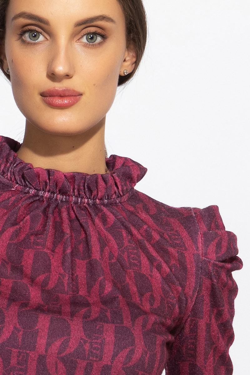 BLOUSE WITH GATHERED NECKLINE AND LOGO PRINT - BURGUNDY LOGO