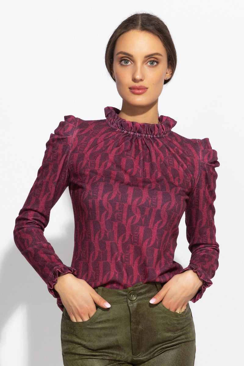 BLOUSE WITH GATHERED NECKLINE AND LOGO PRINT - BURGUNDY LOGO
