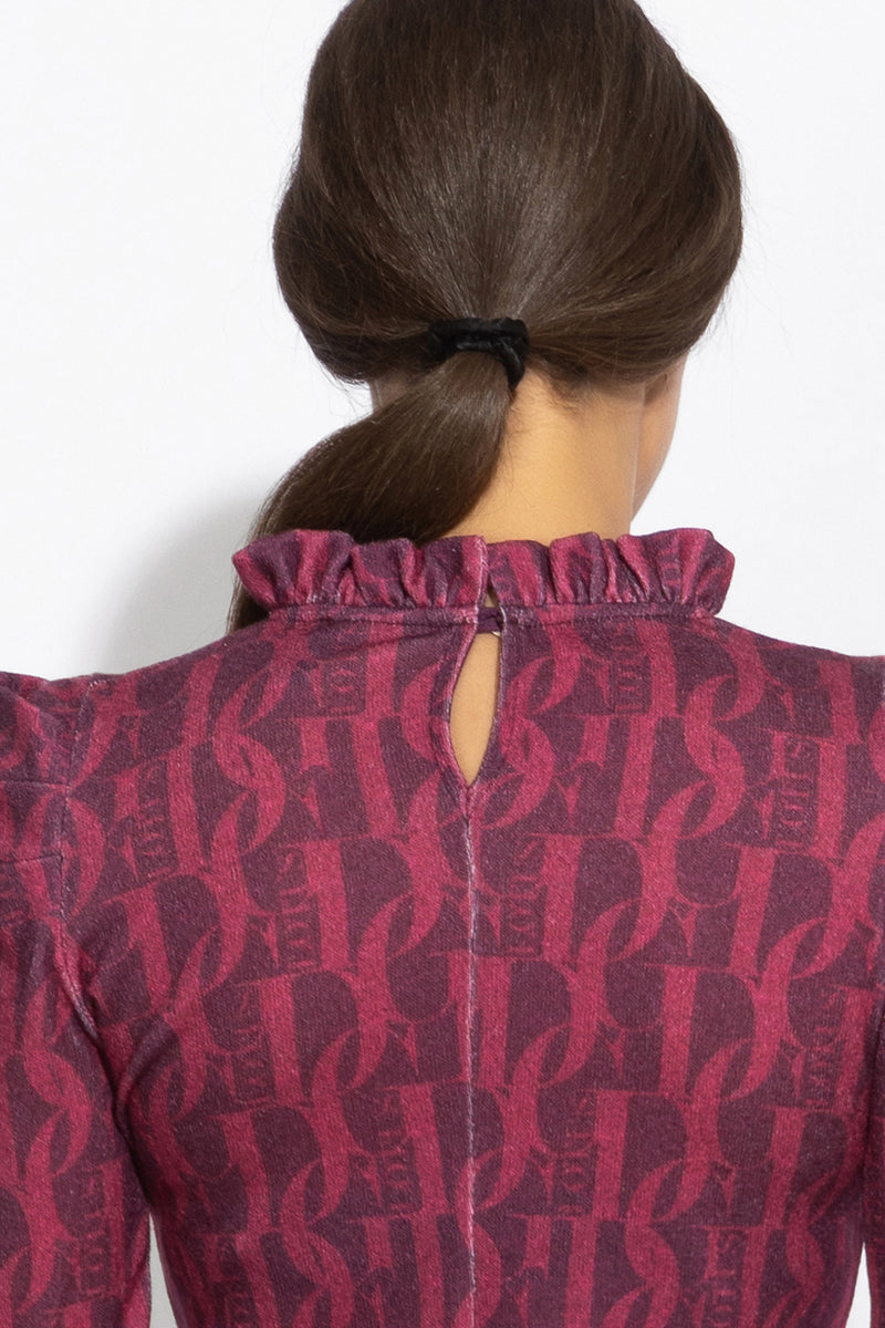BLOUSE WITH GATHERED NECKLINE AND LOGO PRINT - BURGUNDY LOGO