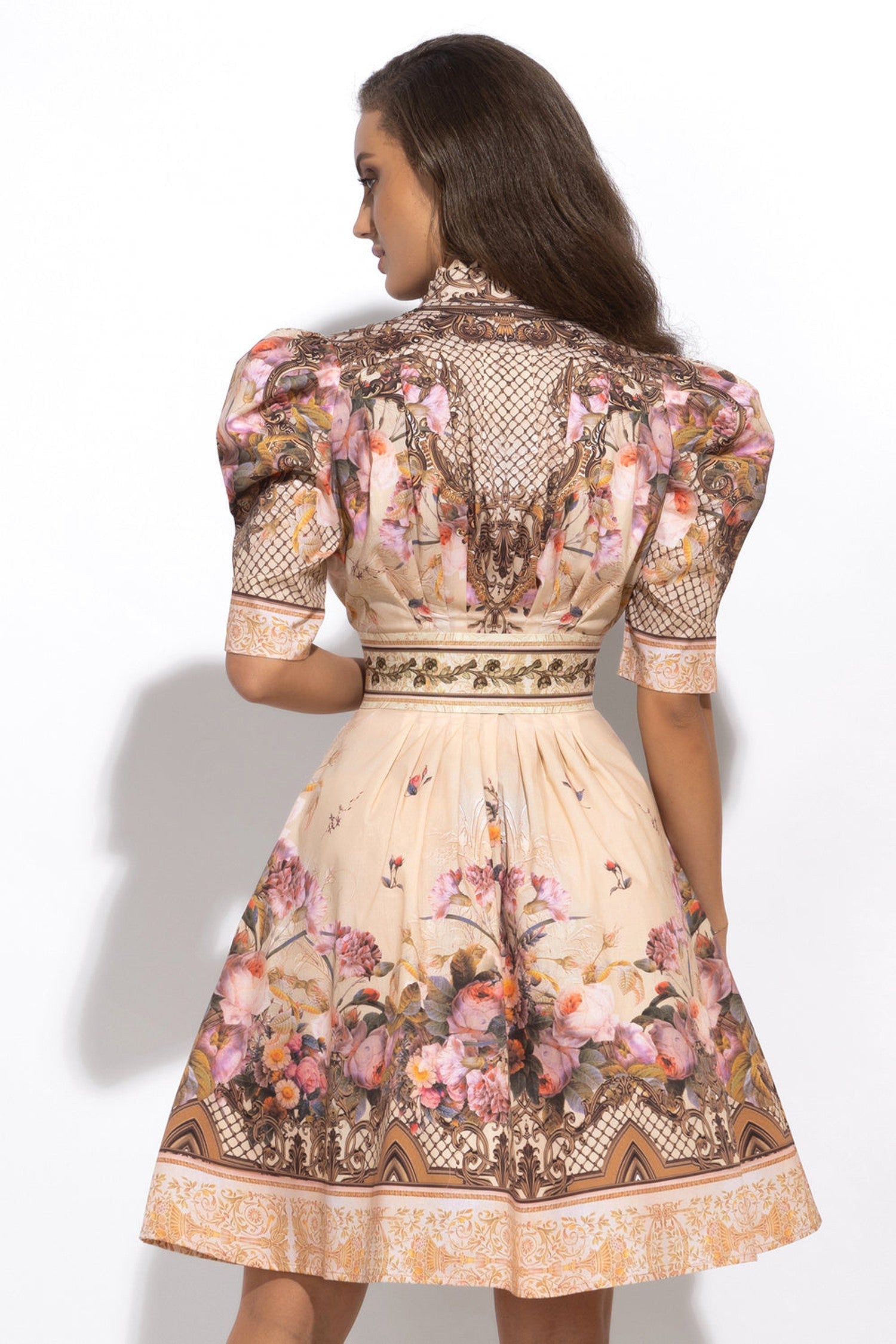 ROBE EN POPLINE AVEC MANCHES BOUFFANTES - FLEURS BAROQUES