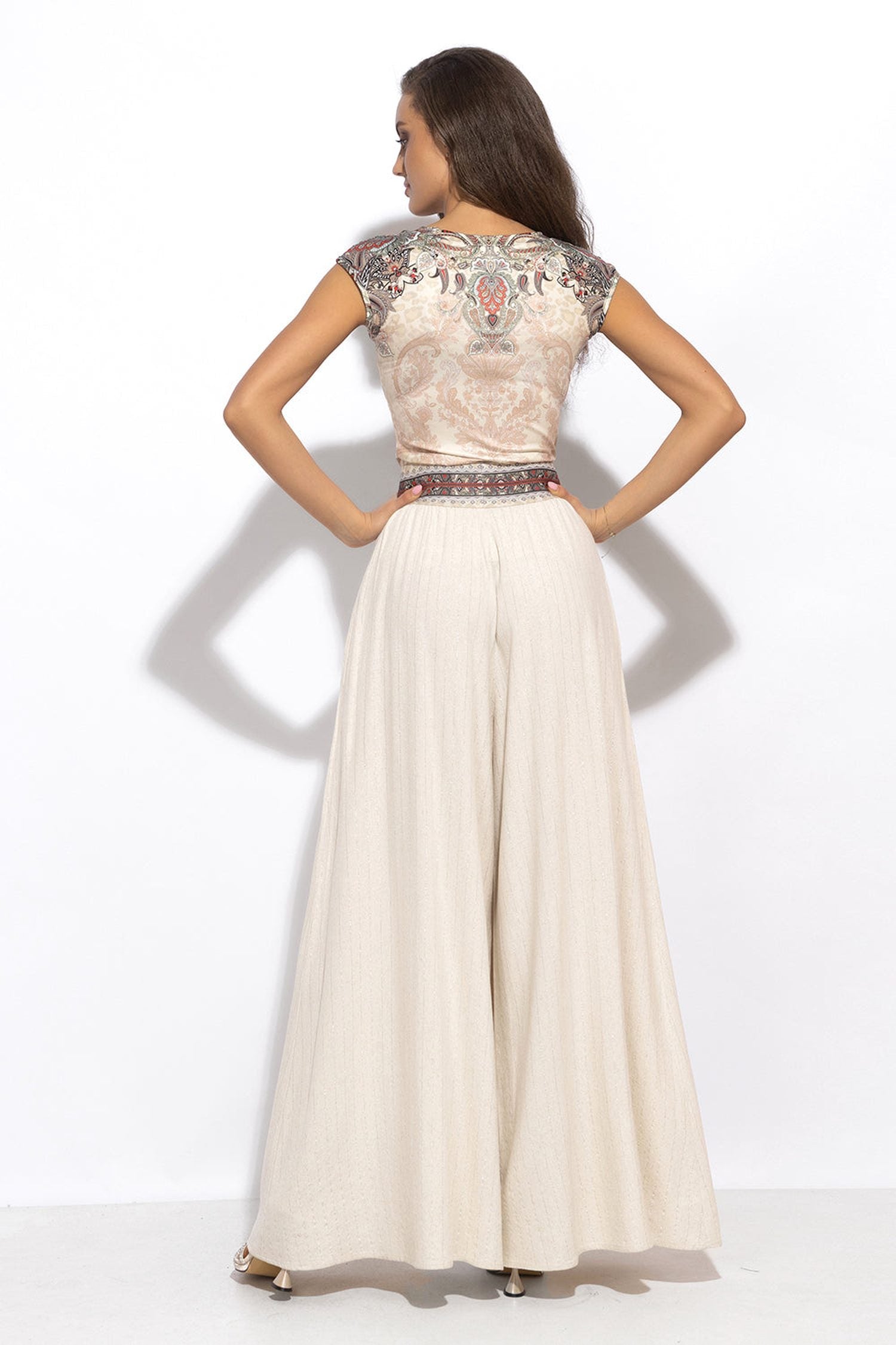 HIGH-WAISTED  VISCOSE-LINEN PANTS WITH SLITS IN ECRU STRIPED - ESSENTIALS