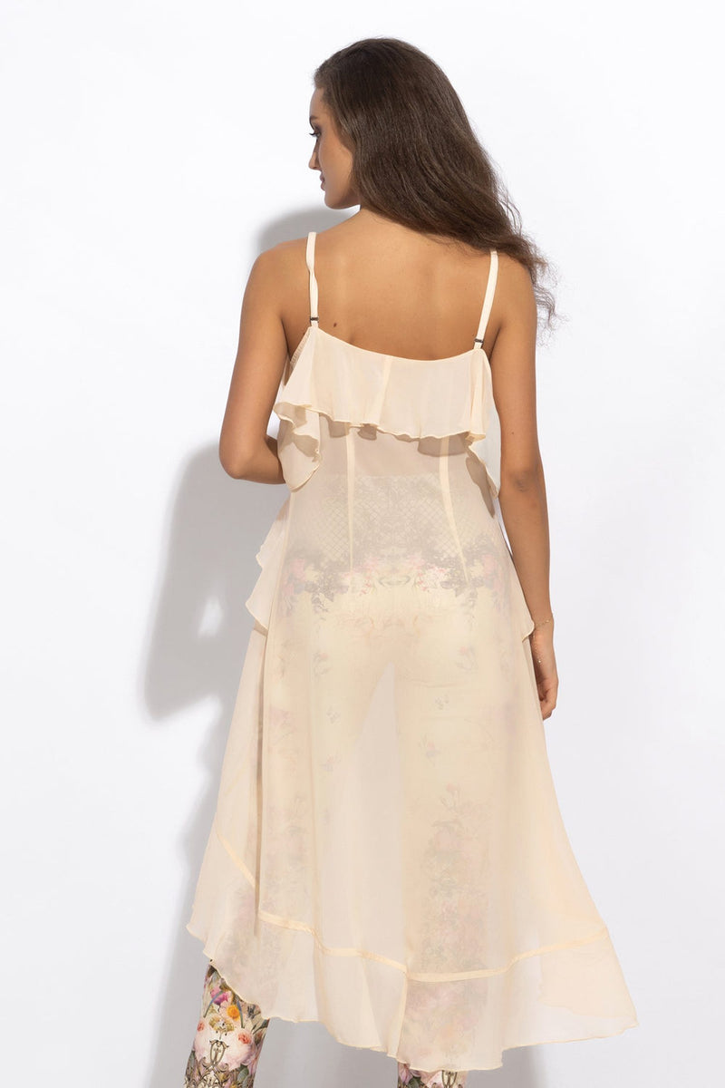 TUNIQUE LONGUE EN CHIFFON À VOLANTS EN BEIGE - ESSENTIELS