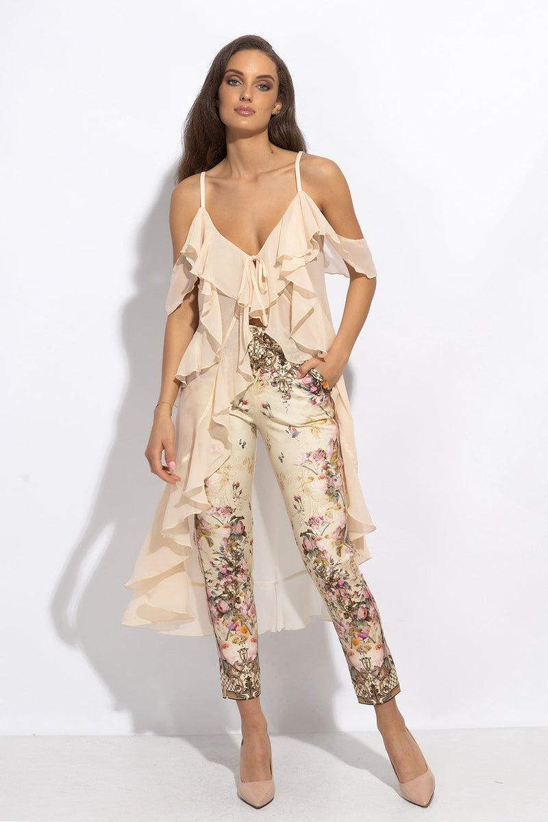 TUNIQUE LONGUE EN CHIFFON À VOLANTS EN BEIGE - ESSENTIELS