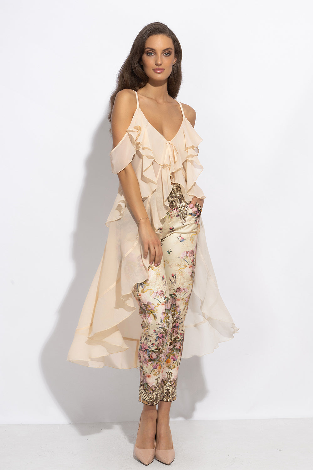 LONG RUFFLED CHIFFON TUNIC IN BEIGE - ESSENTIALS